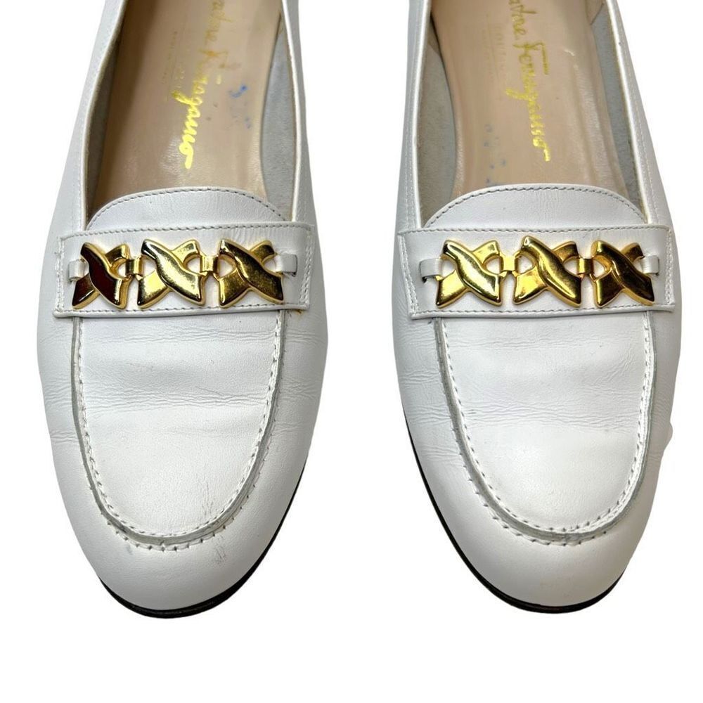 Salvatore Ferragamo White Leather Buckle Loafers Shoes Block Heel Size 9.5 - Picture 5 of 9